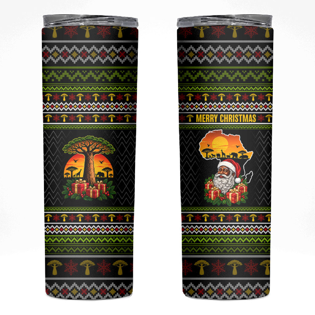 African Safari Black Santa Christmas Skinny Tumbler Ugly Pattern Sunset Baobab Tree Africa Map