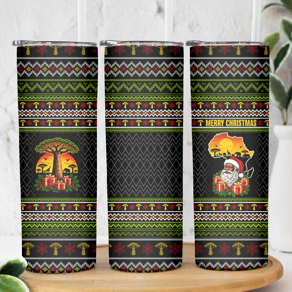 African Safari Black Santa Christmas Skinny Tumbler Ugly Pattern Sunset Baobab Tree Africa Map