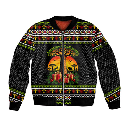 African Safari Black Santa Christmas Sleeve Zip Bomber Jacket Ugly Pattern Sunset Baobab Tree Africa Map