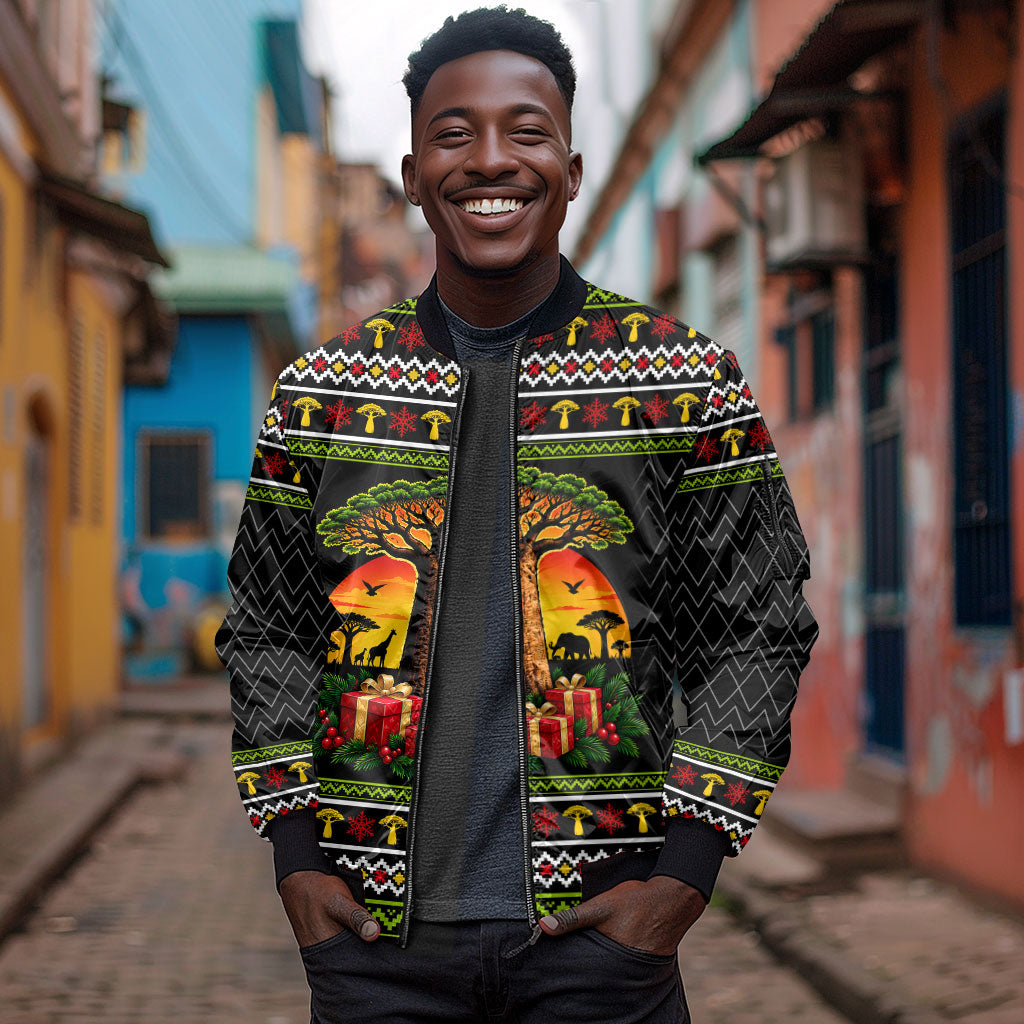 African Safari Black Santa Christmas Sleeve Zip Bomber Jacket Ugly Pattern Sunset Baobab Tree Africa Map