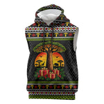 African Safari Black Santa Christmas Sleeveless Hoodie Ugly Pattern Sunset Baobab Tree Africa Map