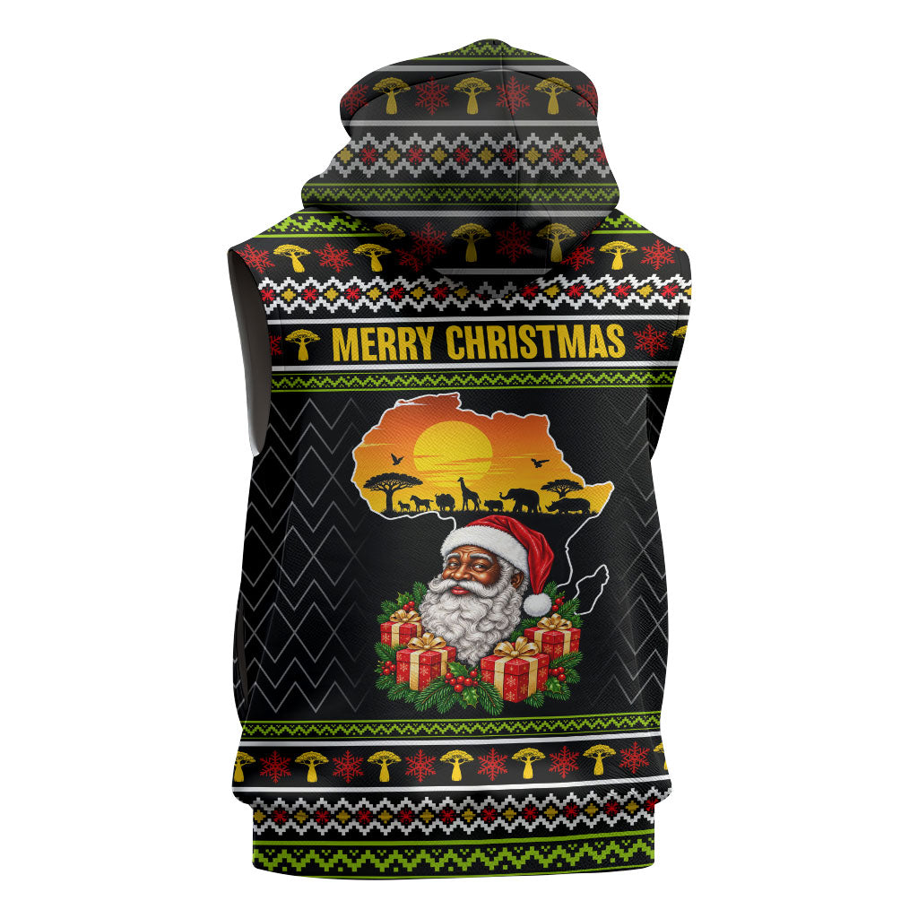 African Safari Black Santa Christmas Sleeveless Hoodie Ugly Pattern Sunset Baobab Tree Africa Map