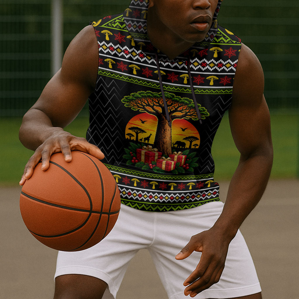 African Safari Black Santa Christmas Sleeveless Hoodie Ugly Pattern Sunset Baobab Tree Africa Map