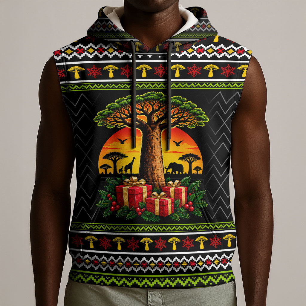 African Safari Black Santa Christmas Sleeveless Hoodie Ugly Pattern Sunset Baobab Tree Africa Map