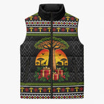 African Safari Black Santa Christmas Sleeveless Puffer Jacket Ugly Pattern Sunset Baobab Tree Africa Map