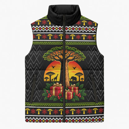 African Safari Black Santa Christmas Sleeveless Puffer Jacket Ugly Pattern Sunset Baobab Tree Africa Map