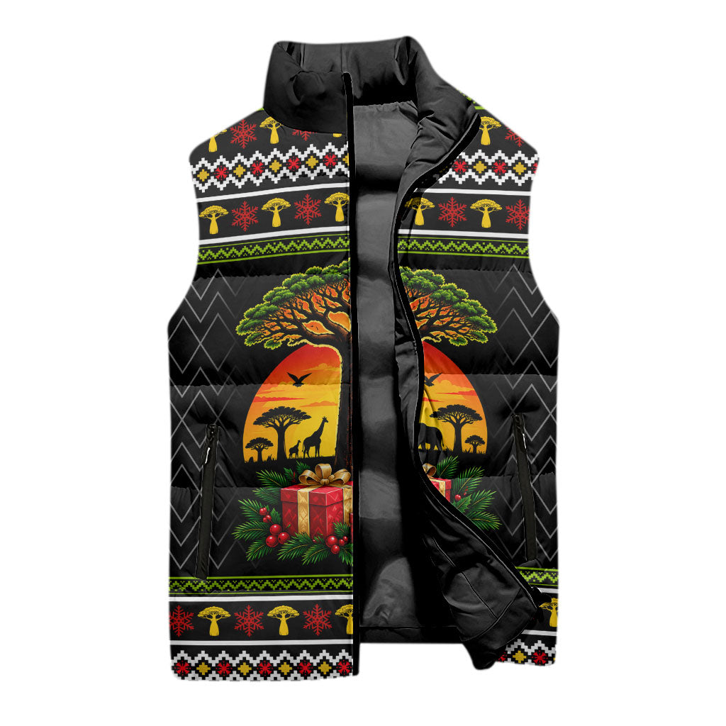 African Safari Black Santa Christmas Sleeveless Puffer Jacket Ugly Pattern Sunset Baobab Tree Africa Map