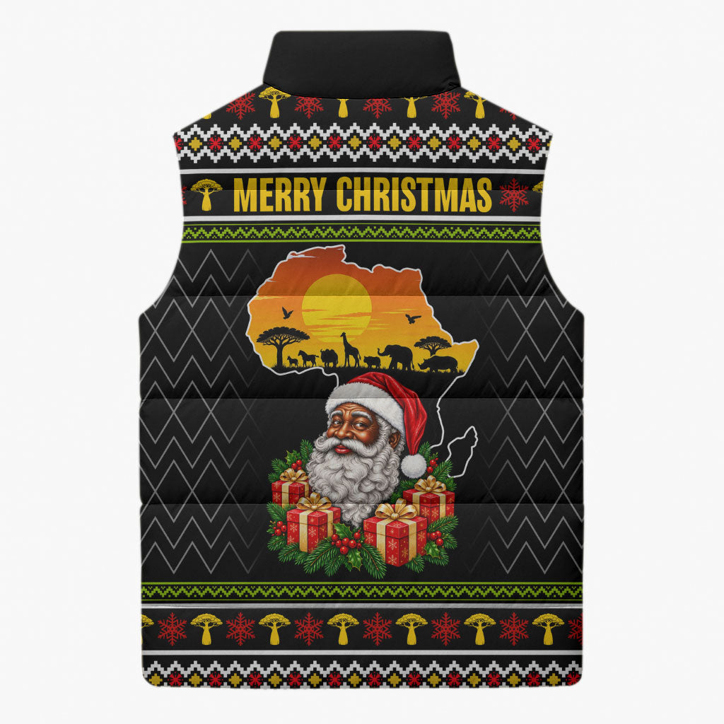 African Safari Black Santa Christmas Sleeveless Puffer Jacket Ugly Pattern Sunset Baobab Tree Africa Map