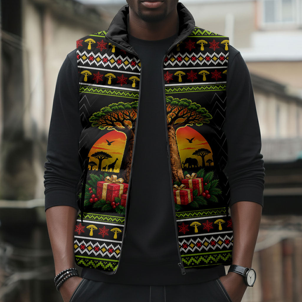 African Safari Black Santa Christmas Sleeveless Puffer Jacket Ugly Pattern Sunset Baobab Tree Africa Map