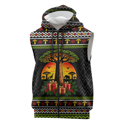 African Safari Black Santa Christmas Sleeveless Zip Hoodie Ugly Pattern Sunset Baobab Tree Africa Map