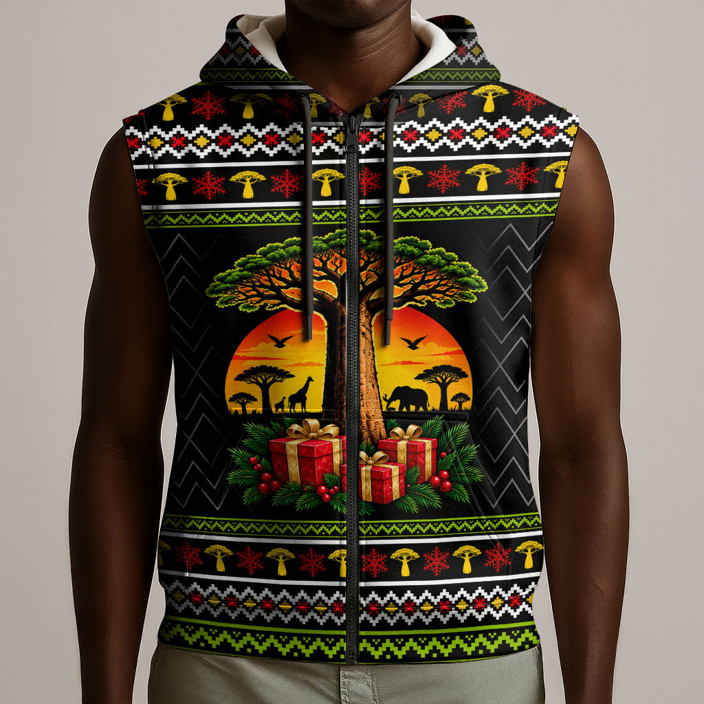 African Safari Black Santa Christmas Sleeveless Zip Hoodie Ugly Pattern Sunset Baobab Tree Africa Map