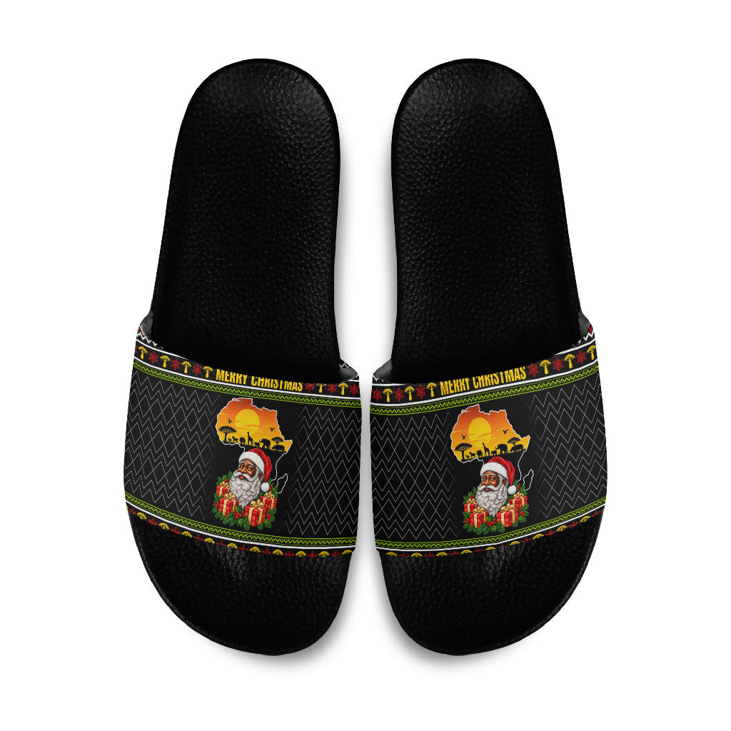 African Safari Black Santa Christmas Slide Sandals Ugly Pattern Sunset Baobab Tree Africa Map