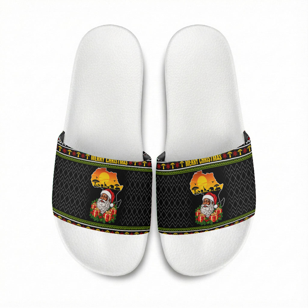 African Safari Black Santa Christmas Slide Sandals Ugly Pattern Sunset Baobab Tree Africa Map
