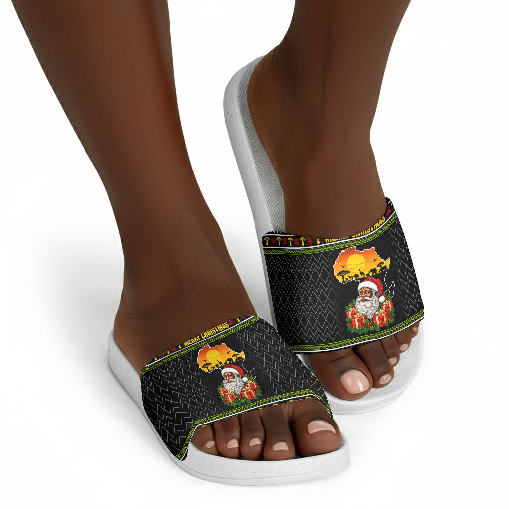 African Safari Black Santa Christmas Slide Sandals Ugly Pattern Sunset Baobab Tree Africa Map