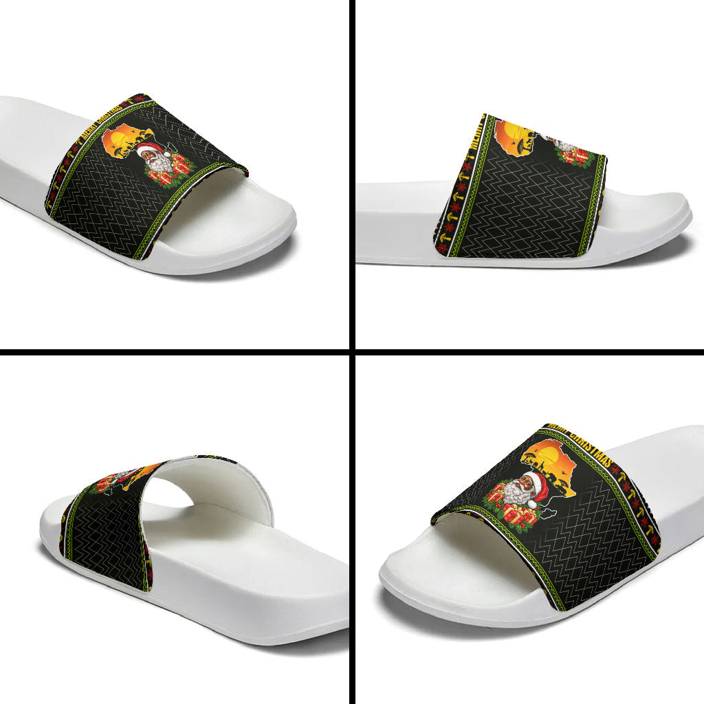 African Safari Black Santa Christmas Slide Sandals Ugly Pattern Sunset Baobab Tree Africa Map