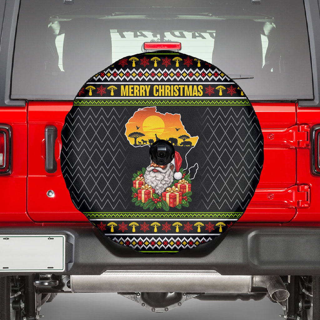 African Safari Black Santa Christmas Spare Tire Cover Ugly Pattern Sunset Baobab Tree Africa Map