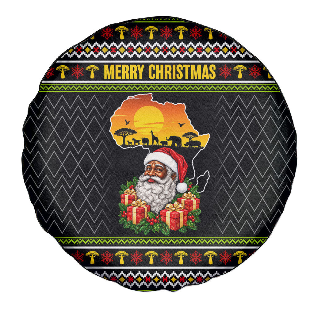 African Safari Black Santa Christmas Spare Tire Cover Ugly Pattern Sunset Baobab Tree Africa Map