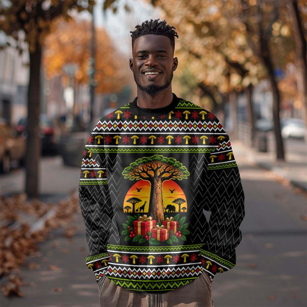 African Safari Black Santa Christmas Sweatshirt Ugly Pattern Sunset Baobab Tree Africa Map