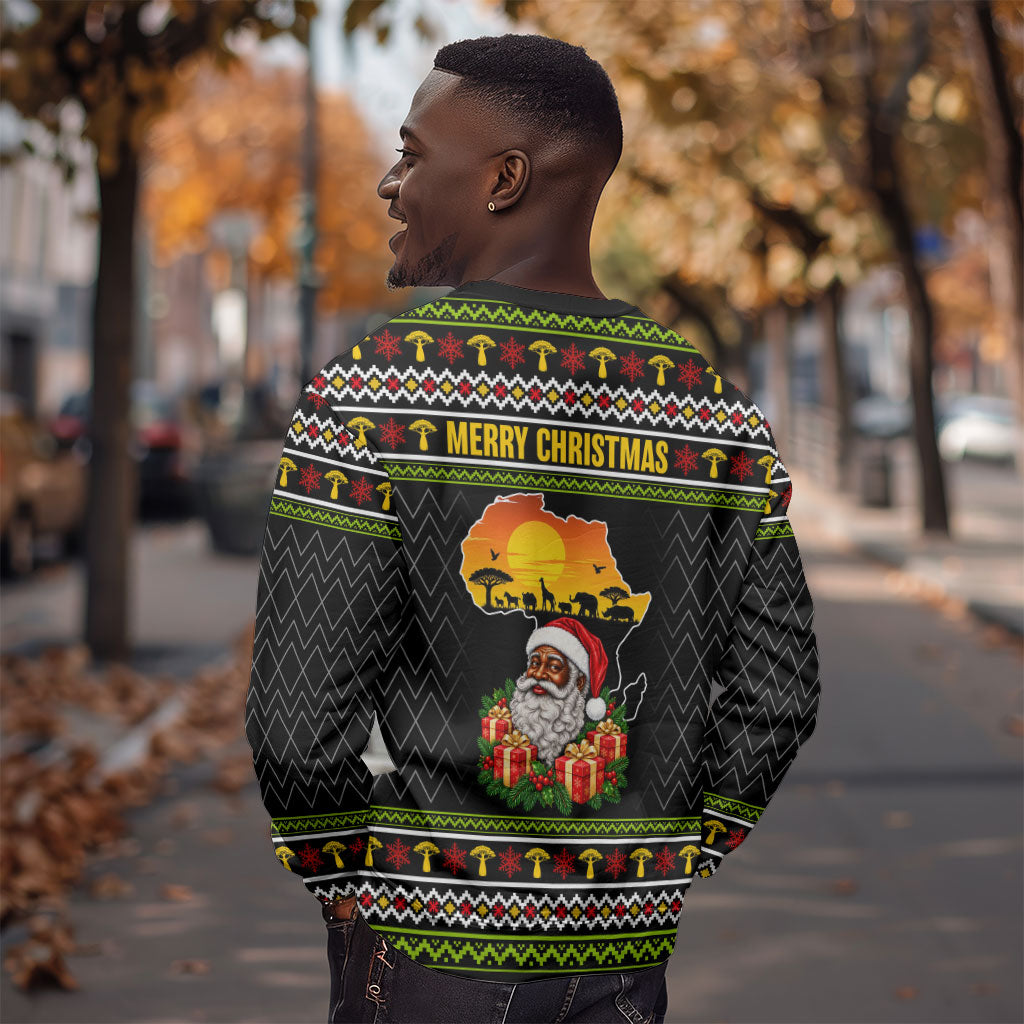 African Safari Black Santa Christmas Sweatshirt Ugly Pattern Sunset Baobab Tree Africa Map