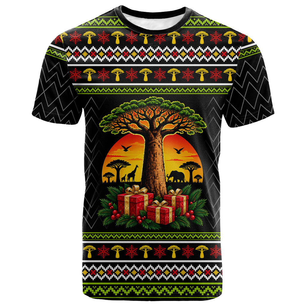 African Safari Black Santa Christmas T shirt Ugly Pattern Sunset Baobab Tree Africa Map