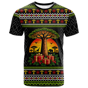 African Safari Black Santa Christmas T shirt Ugly Pattern Sunset Baobab Tree Africa Map