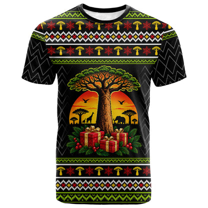 African Safari Black Santa Christmas T shirt Ugly Pattern Sunset Baobab Tree Africa Map