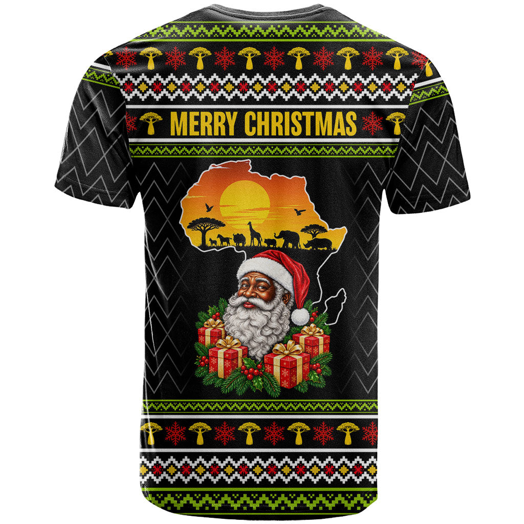 African Safari Black Santa Christmas T shirt Ugly Pattern Sunset Baobab Tree Africa Map