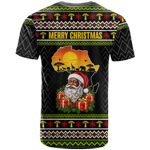 African Safari Black Santa Christmas T shirt Ugly Pattern Sunset Baobab Tree Africa Map