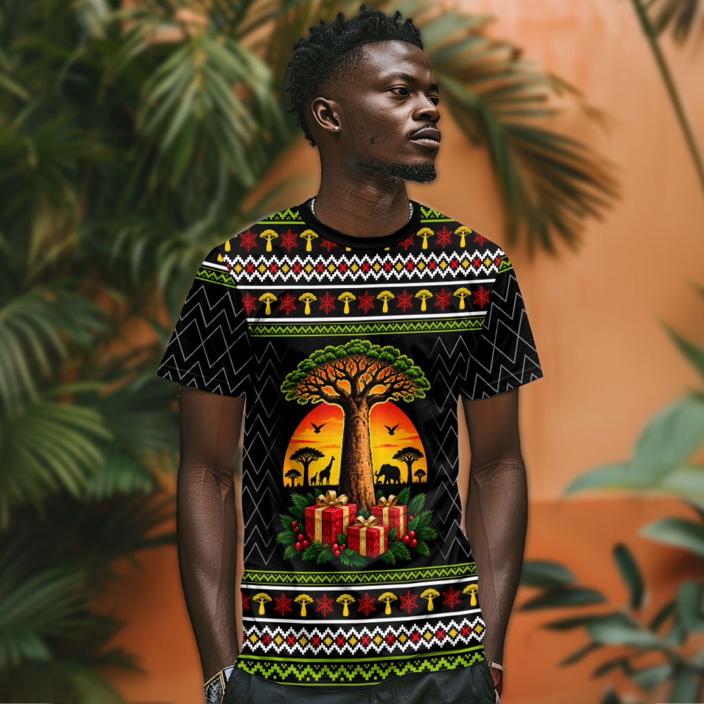 African Safari Black Santa Christmas T shirt Ugly Pattern Sunset Baobab Tree Africa Map