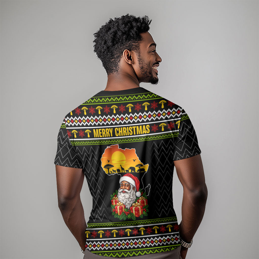 African Safari Black Santa Christmas T shirt Ugly Pattern Sunset Baobab Tree Africa Map