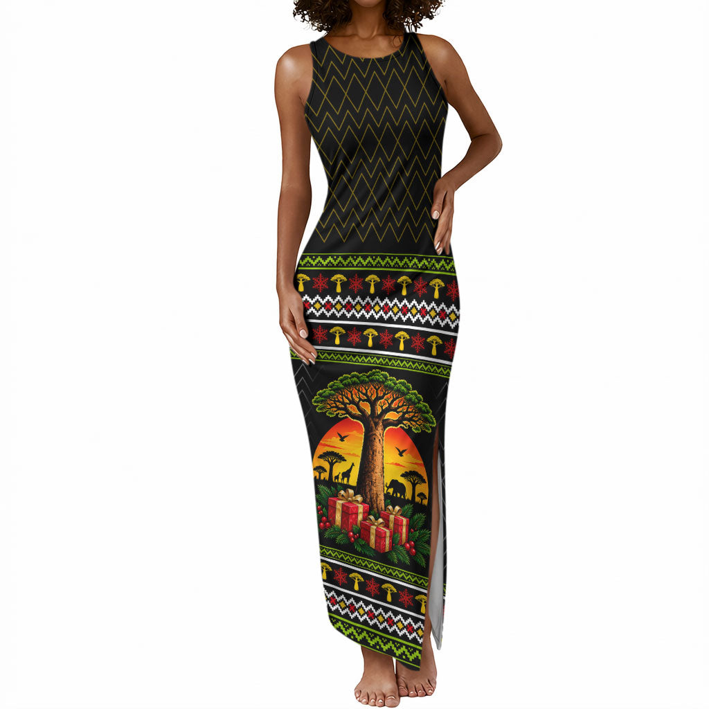 African Safari Black Santa Christmas Tank Maxi Dress Ugly Pattern Sunset Baobab Tree Africa Map