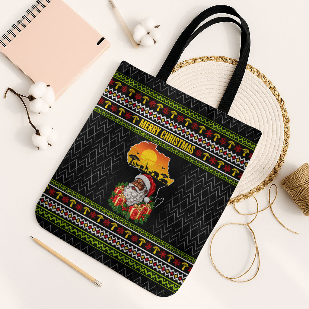 African Safari Black Santa Christmas Tote Bag Ugly Pattern Sunset Baobab Tree Africa Map