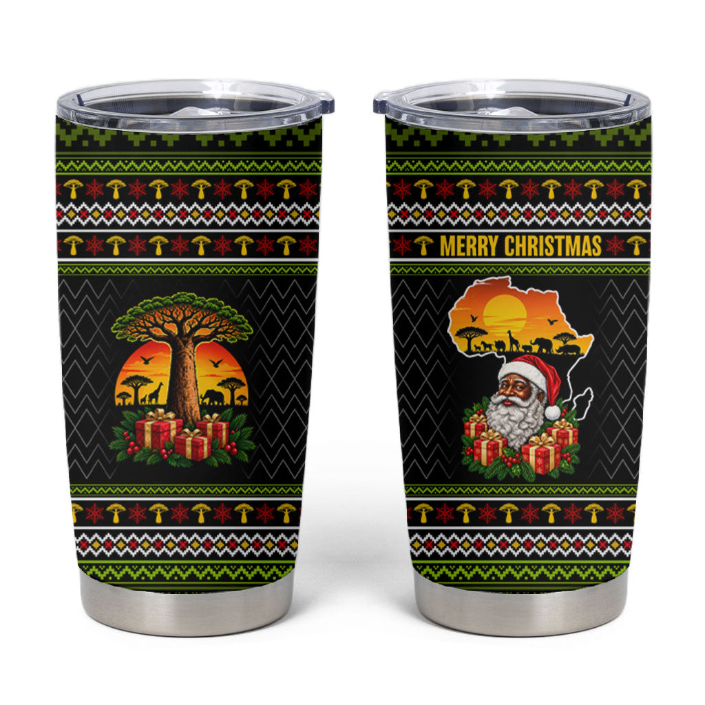 African Safari Black Santa Christmas Tumbler Cup Ugly Pattern Sunset Baobab Tree Africa Map