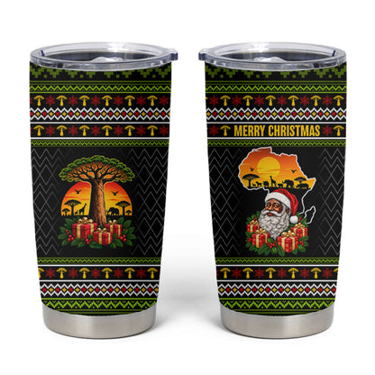 African Safari Black Santa Christmas Tumbler Cup Ugly Pattern Sunset Baobab Tree Africa Map