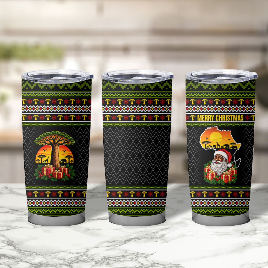African Safari Black Santa Christmas Tumbler Cup Ugly Pattern Sunset Baobab Tree Africa Map