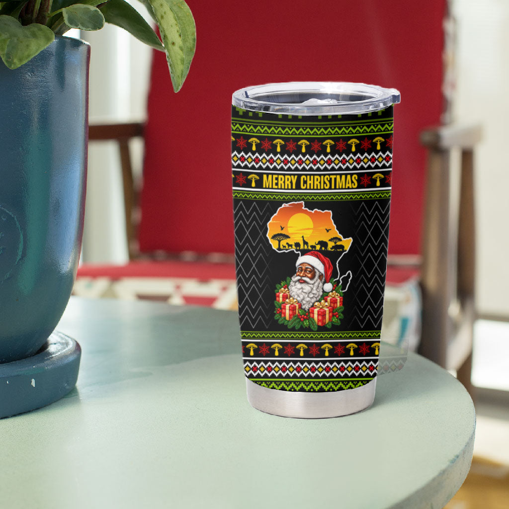 African Safari Black Santa Christmas Tumbler Cup Ugly Pattern Sunset Baobab Tree Africa Map