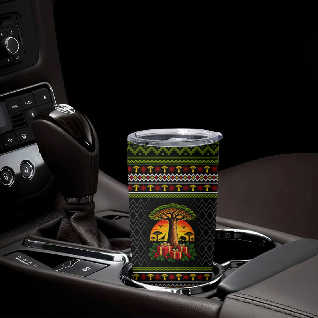 African Safari Black Santa Christmas Tumbler Cup Ugly Pattern Sunset Baobab Tree Africa Map