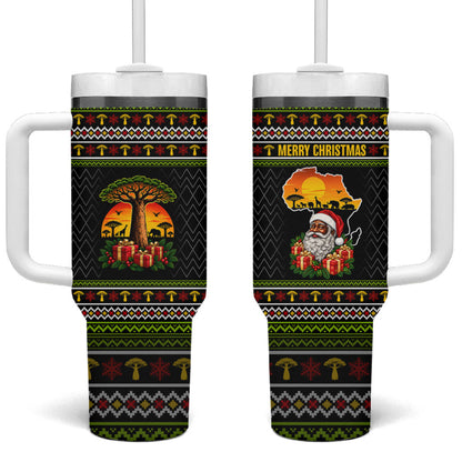 African Safari Black Santa Christmas Tumbler With Handle Ugly Pattern Sunset Baobab Tree Africa Map