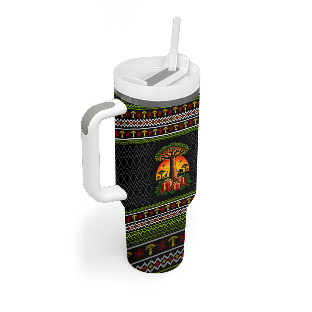 African Safari Black Santa Christmas Tumbler With Handle Ugly Pattern Sunset Baobab Tree Africa Map