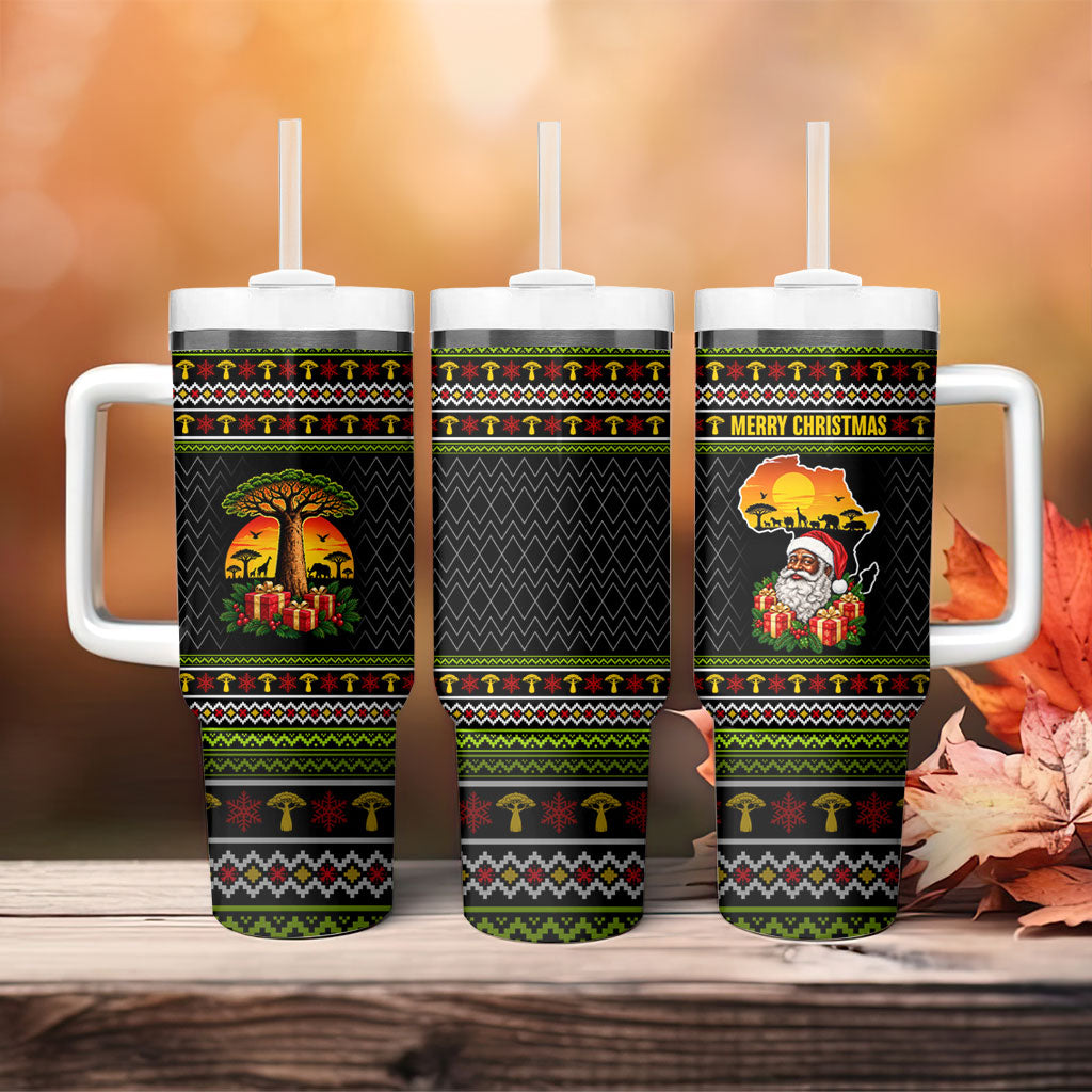 African Safari Black Santa Christmas Tumbler With Handle Ugly Pattern Sunset Baobab Tree Africa Map