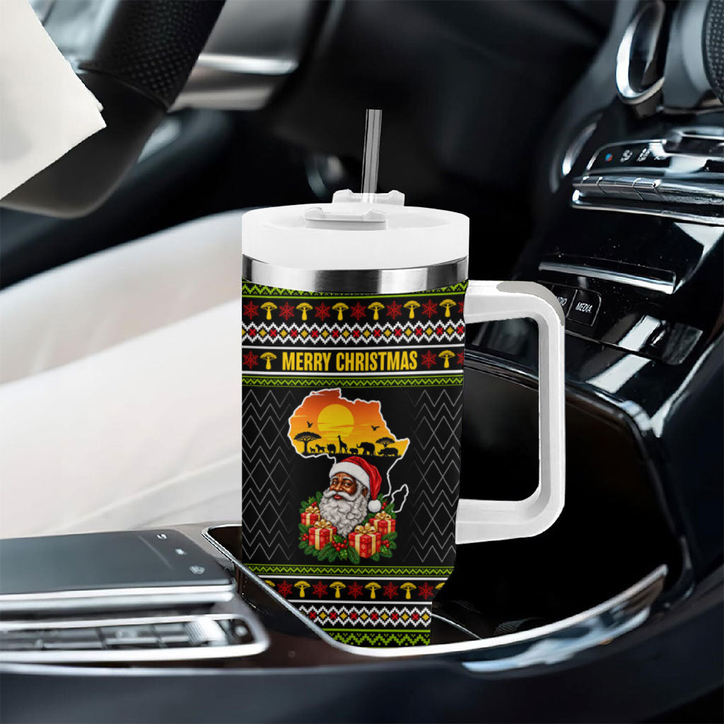 African Safari Black Santa Christmas Tumbler With Handle Ugly Pattern Sunset Baobab Tree Africa Map