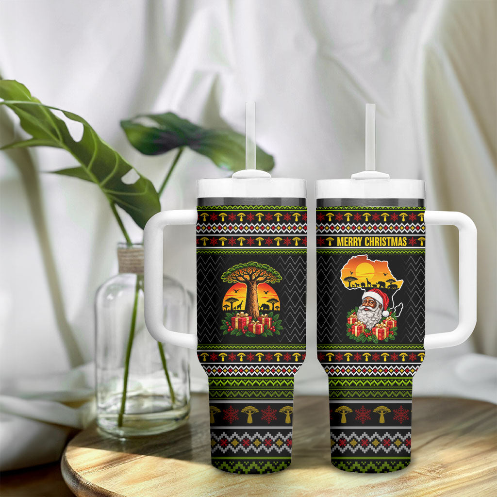 African Safari Black Santa Christmas Tumbler With Handle Ugly Pattern Sunset Baobab Tree Africa Map