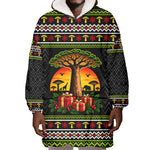 African Safari Black Santa Christmas Wearable Blanket Hoodie Ugly Pattern Sunset Baobab Tree Africa Map