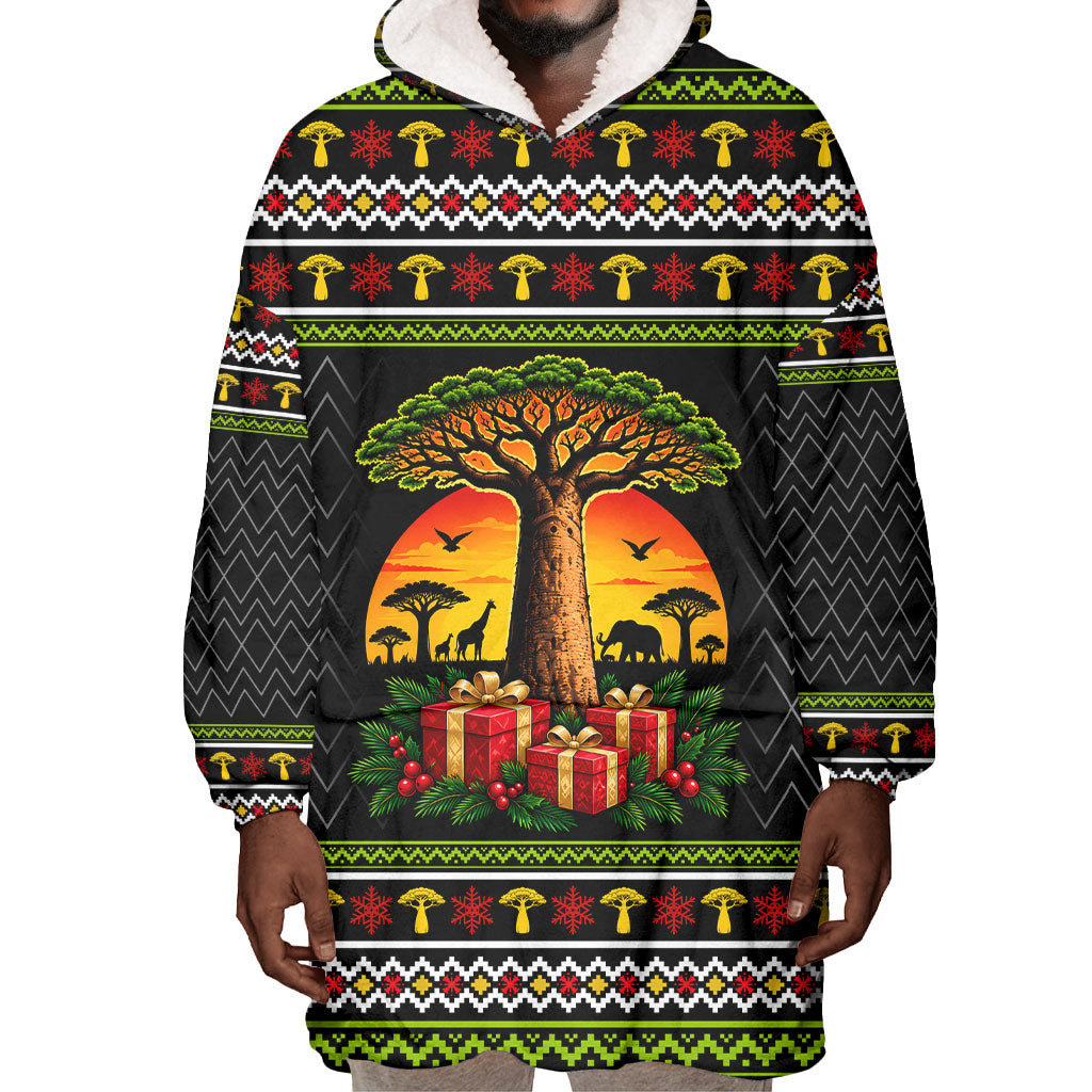 African Safari Black Santa Christmas Wearable Blanket Hoodie Ugly Pattern Sunset Baobab Tree Africa Map