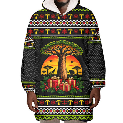 African Safari Black Santa Christmas Wearable Blanket Hoodie Ugly Pattern Sunset Baobab Tree Africa Map