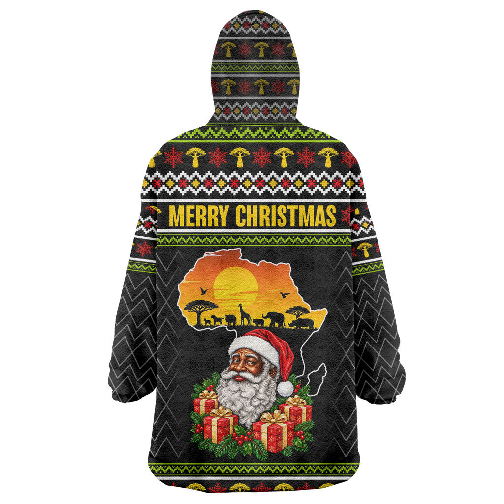 African Safari Black Santa Christmas Wearable Blanket Hoodie Ugly Pattern Sunset Baobab Tree Africa Map