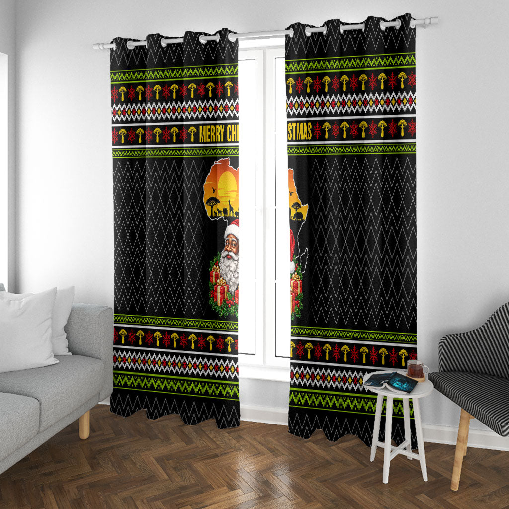 African Safari Black Santa Christmas Window Curtain Ugly Pattern Sunset Baobab Tree Africa Map