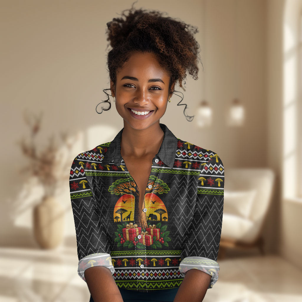 African Safari Black Santa Christmas Women Casual Shirt Ugly Pattern Sunset Baobab Tree Africa Map