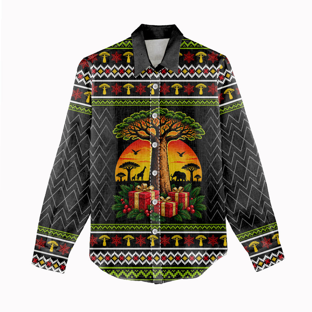 African Safari Black Santa Christmas Women Casual Shirt Ugly Pattern Sunset Baobab Tree Africa Map
