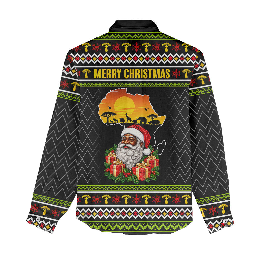 African Safari Black Santa Christmas Women Casual Shirt Ugly Pattern Sunset Baobab Tree Africa Map